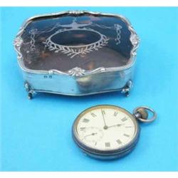 A silver and tortoiseshell pique jewellery casket and a base metal pocket watch....