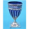 Image 1 : A plated urn with blue glass liner and square foot, 8.5ins....