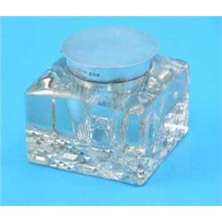 A George V silver mounted square glass inkwell, 3ins....