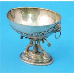 A 19th century German silver gilt pedestal bowl, of oval form with lions mask ring handles, 6ins....