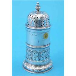 An Edwardian silver lighthouse caster, with acanthus leaf decoration, 6ins....