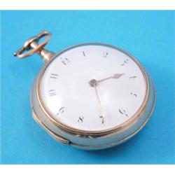 A George III 18ct gold pair case quarter repeating pocket watch, with enamelled Arabic dial and c...