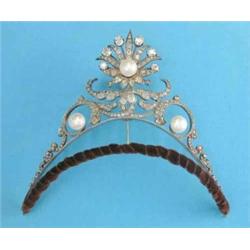 A Victorian diamond and freshwater cultured pearl tiara, designed as graduated openwork scrolls s...