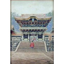 N Hisano watercolour, Temple at Nikko, signed, 19.5 x 13.5 ins....