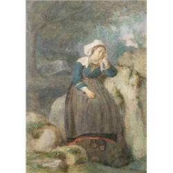 E. Verboekhoeven - Belgian watercolour and bodycolour, Maid seated on a rock, signed and dated 18...