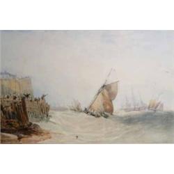 John Francis Salmon (1808-1886) watercolour,  Bridlington, Yorkshire, landing a cutter , signed a...