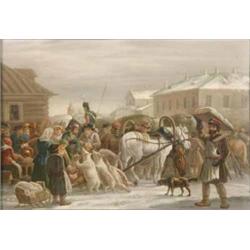 Russian School oil on wooden panel, Market scene, 14.5 x 21 ins....