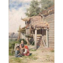 Attributed to Nikolai Bogdanoff-Bjelski (1868-1945) Russian oil on wooden panel, Children beside...