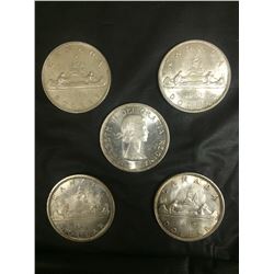 5 CANADIAN SILVER DOLLARS 1960'S