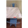 Image 2 : White Solid Marble Table w/Wrought Iron Base + 2  Blue Chairs