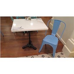 White Solid Marble Table w/Wrought Iron Base + 1 Blue Chair