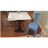 Image 1 : White Solid Marble Table w/Wrought Iron Base + 1 Blue Chair