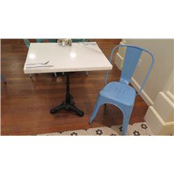 White Solid Marble Table w/Wrought Iron Base + 1 Blue Chair