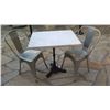 Image 1 : White Marble Table and 2 Gray Metal Chairs