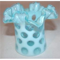 Blue opalescent hat form glass vase