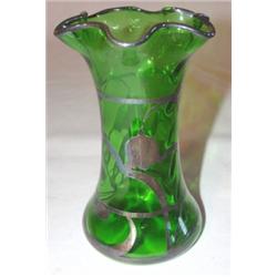 Green art glass vase with silver overlay