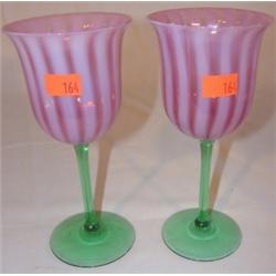 Pair of Steuben cranberry wine glasses in the Oriental poppy pattern