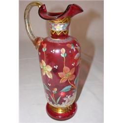 Cranberry enameled glass ewer