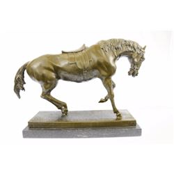 Bronze Sculpture Horse Trots Stallion on Marble Base Figurine