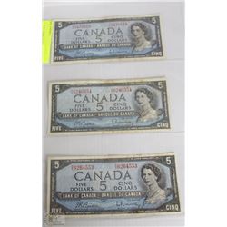 4) 1954 $5 BANKNOTE SHEET OF 3