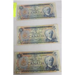 3) 1972 $5 BANKNOTE SHEET OF 3