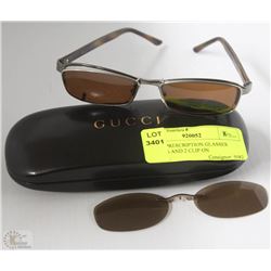 AUTHENTIC GUCCI PRESCRIPTION FRAMES AND 2 CLIP ON