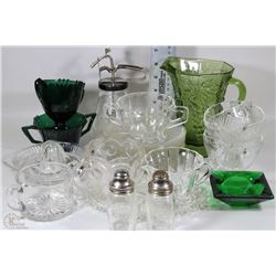 VINTAGE GLASSWARE WITH GREEN GLASS PITCHER AND