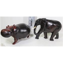 HEAVY HANDMADE WOOD ELEPHANT & HIPPO
