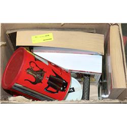 BOX LOT OF ASSORTED CIG TINS, GLASS, AND BOOKS