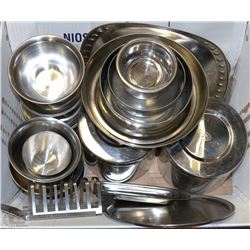BOX OF STAINLESS STEEL SERVING DISHES, PLATES, AND