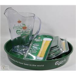 BOX WITH CARLSBURG TRAY AND PITCHER
