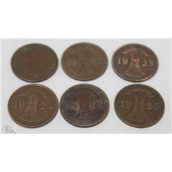 6 GERMAN 1-PFENNIG COINS INCL.1923,1924,1925,1928,