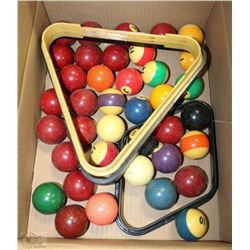 VINTAGE SNOOKER AND 8 BALL BALLS WITH TRIANGLES
