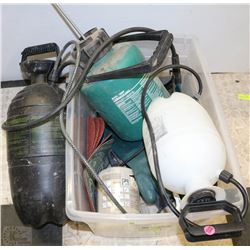 BOX OF MISC. TOOLS WITH SPRAYERS