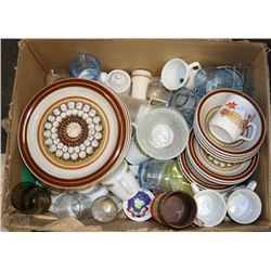 LARGE BOX OF KITCHEN INCL CUPS, PLATES, DISHES &