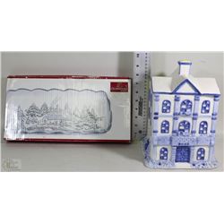 MIKASO CRYSTAL SERVING TRAY & HOUSE COOKIE JAR