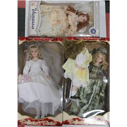 4 COLLECTORS DOLLS, 1 NEW , PORCELAIN AND SOME