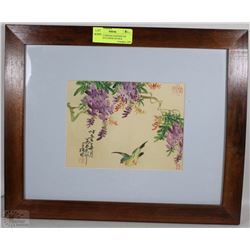 FRAMED CHINESE PAINTING OF BIRD AND FLOWER ON SILK