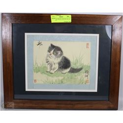 FRAMED CHINESE PAINTING OF CAT ON SILK