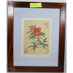 FRAMED CHINESE PAINTING OF BIRD AND FLOWER ON SILK