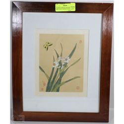 FRAMED CHINESE PAINTING OF BIRD AND FLOWER ON SILK
