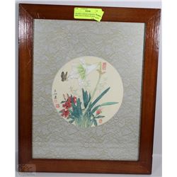 FRAMED CHINESE PAINTING OF BIRD AND FLOWER ON SILK