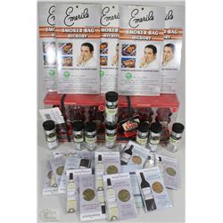 BOX OF SMOKER BAGS, CHILI OILS, EMPTY SPICE JARS,