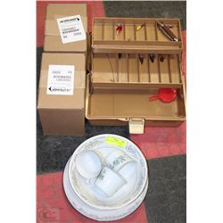 BOX OF MISC INCL TACKLE BOX, DISHWARE AND MORE