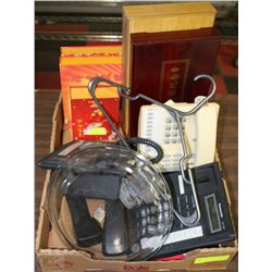 FLAT OF ASSORTED TELEPHONES, AND 5 CHINESE COIN