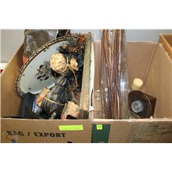 2 BOXES WITH DECORATIVE ITEMS, 2 PAIR OF