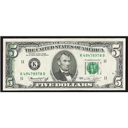 1974 $5 Federal Reserve Note ERROR Partial Offset