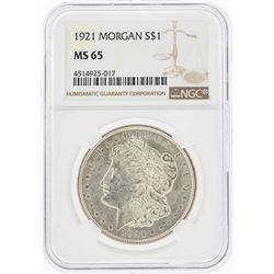 1921 $1 Morgan Silver Dollar Coin NGC MS65