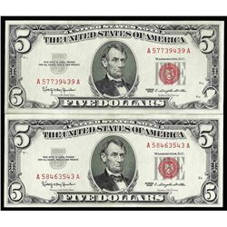 Lot of (2) 1963 $5 Red Seal Legal Tender Notes