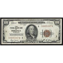 1929 $100 Federal Bank of Minneapolis, MN National Currency Note LOW SERIAL